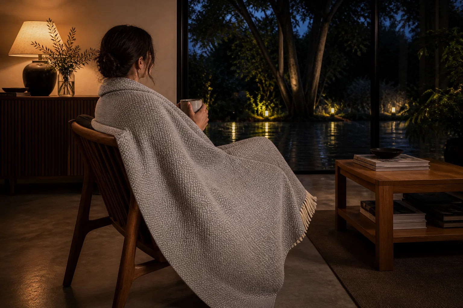 A woman aged 30 to 50 seen from behind with a grey Sofia Toscano throw in a softly lit living room