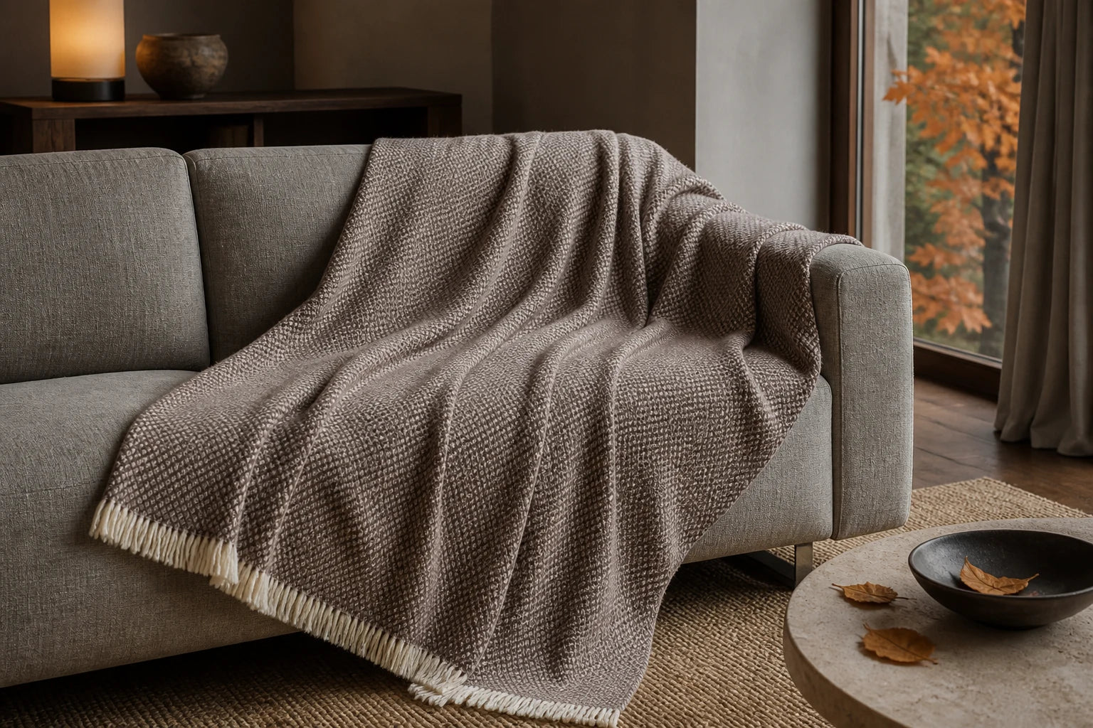 Brown micro-patterned throw draped over a grey living-room sofa