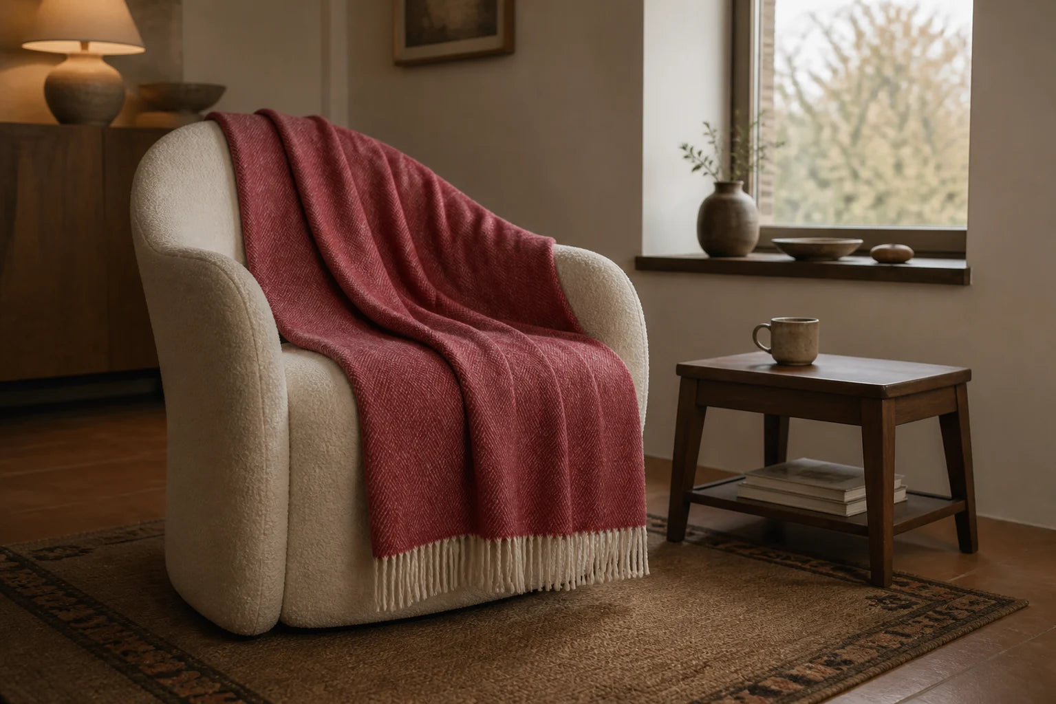 Raspberry-red herringbone Sofia Toscano throw on a curved oatmeal armchair
