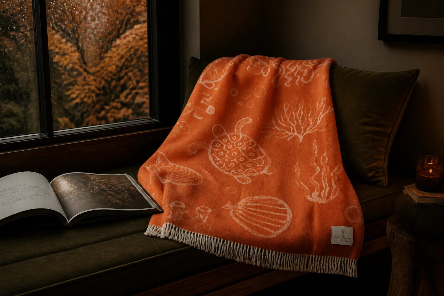 Burnt-orange patterned Sofia Toscano throw in a dark autumn window seat