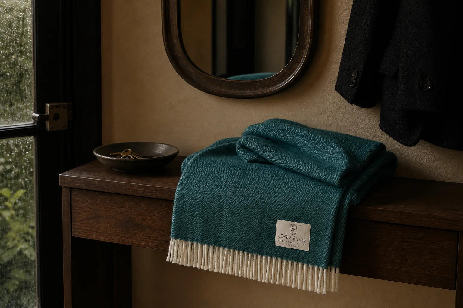 Petrol-coloured Sofia Toscano throw in a rain-lit entrance