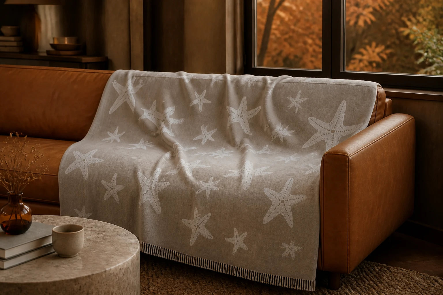 Taupe starfish throw spread across a caramel leather sofa