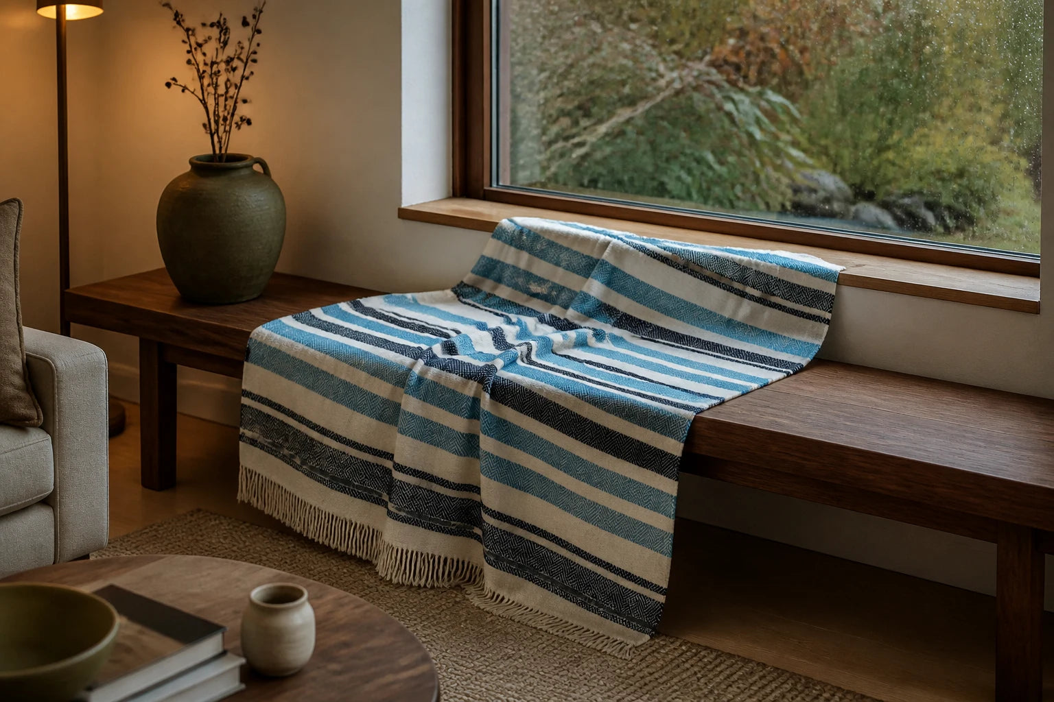 Blue striped throw spread across a bench in an autumn living room