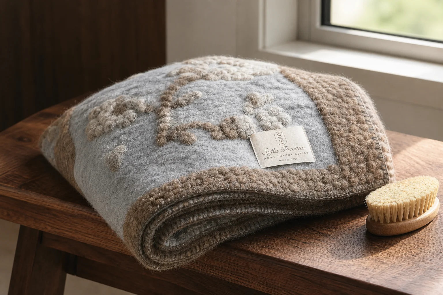 Grey and brown floral boiled-wool throw with a textile care brush