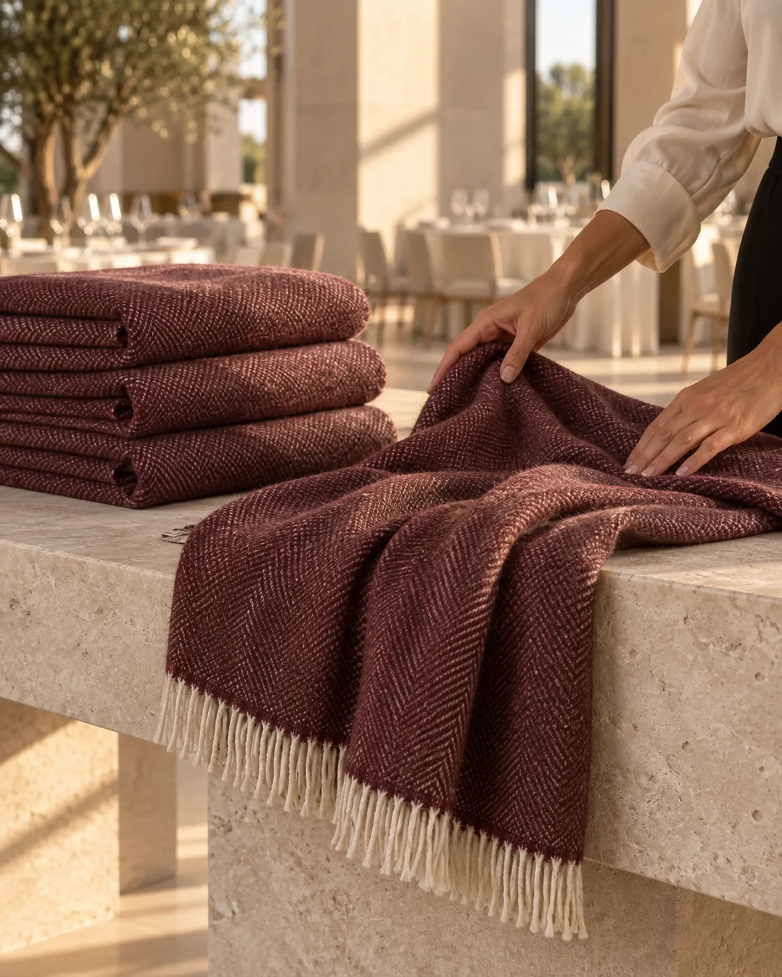 Burgundy throws prepared to welcome guests at a wedding